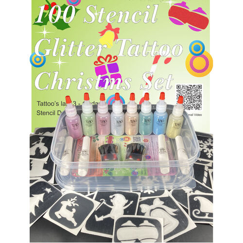 100 Stencil GLITTER TATTOO XMAS KIT